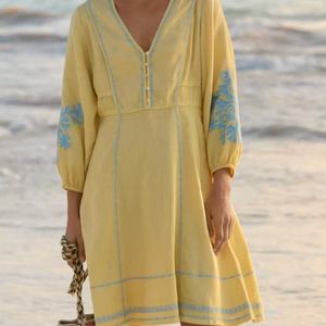 Nuevos Vestidos de Lino para Mujer, Moda de Verano, Elegantes, Cuello en V, Cintura Alta, Mini Vestidos Casuales de Algodón con Bordado para Dama - Product Image 1