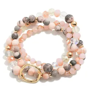 Boho multi pieces triples Pink zebra jasper stone beads large circle hammered charms bracelets sets designs wholesaler new