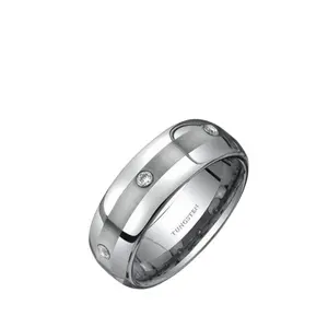 Silver Color rounded Edge Three Stones design Cubic Zirconia 8 mm Comfort Fit Mens Tungsten Wedding Band Ring