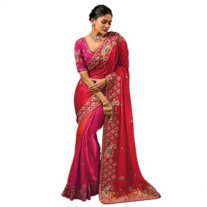 Sari de Seda Pura con Bordado, Estilo Étnico Indio, Suave, Elástico, para Todas las Temporadas - Product Image 1