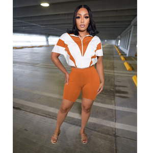 2025 yaz kadın giyim Trendy eşofman Patchwork Zip up üst ve bisikletçinin şort 2 parça setleri kadınlar için rahat spor kıyafetleri - Product Image 5