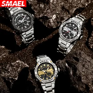 SMAEL 8090 3ATM Water Resistant Stainless Steel Watch Mens Fashion Wristwatch 3 time analog digital quartz watch for men