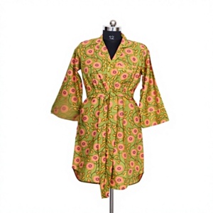Robe moulante mi-longue pour femme, en coton indien fait main, respirante, à motif floral imprimé numériquement, style Y2K, col en V, manches 3/4, pour soirée ou mariée - Product Image 1