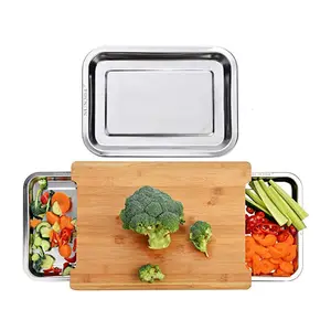 Custom Welcome Large Bamboo Cutting Board With Storage Container Wooden Chopping Board With Stainless Steel Trays For Kitchen