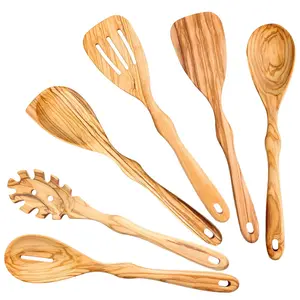 6 pcs 12 inch Crafting Kitchen Natural Olive Wooden Utensils Long Handle Wooden Spoons for Cooking