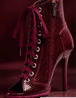 Bottines à lacets pour femmes, imprimé serpent bordeaux, talon haut, bout ouvert, bottes de danse, chaussures de danse latine pour performance de tango