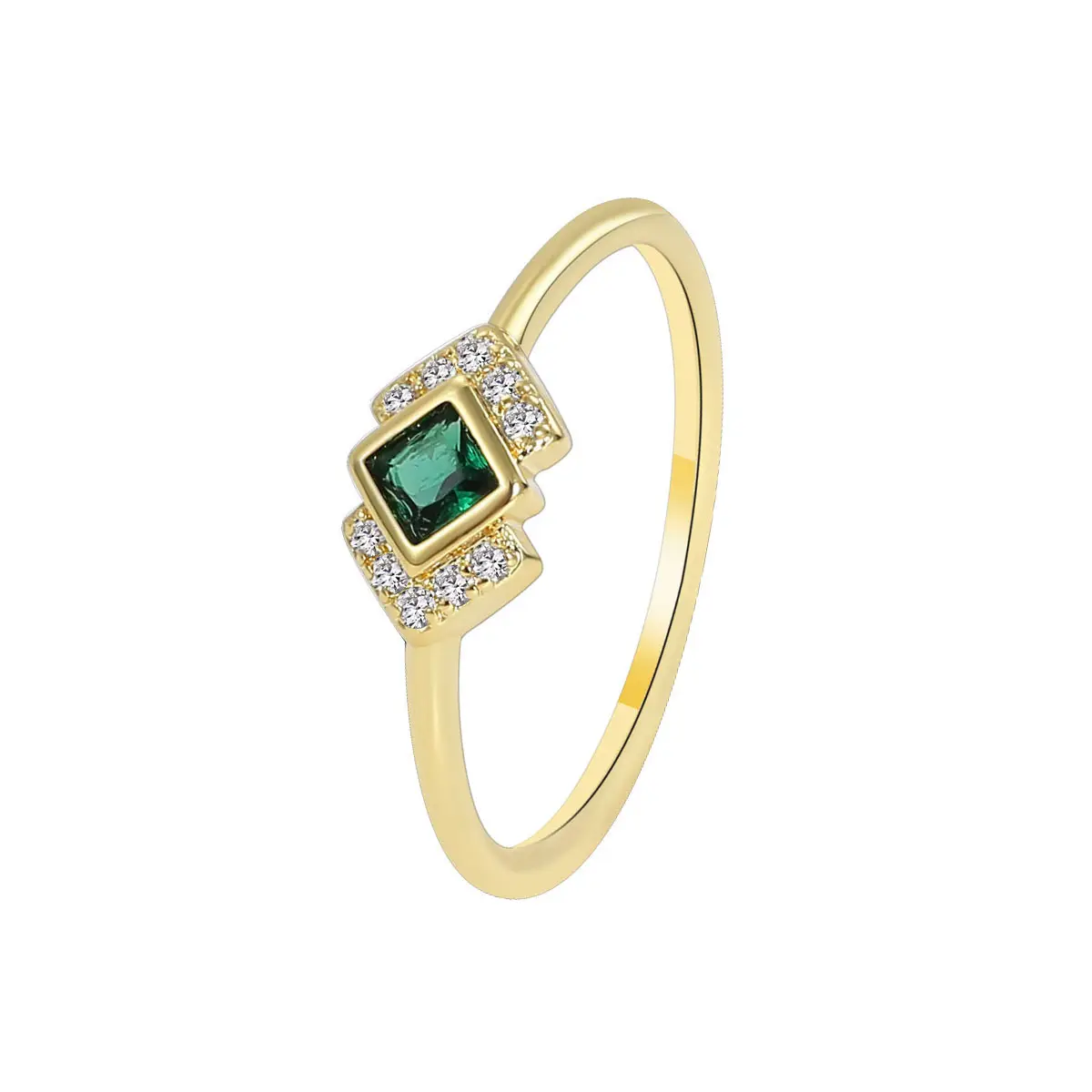 Wholesale Vintage Luxury Court Style Brass Gold Plated Emerald Square Zircon Ring Jewelry For Women