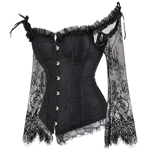 Women Long Sleeve Lace Overbust Corset <strong>Black</strong> Red Waist <strong>Bustiers</strong> <strong>Top</strong> Plus Size Korset Lingerie - Product Image 6