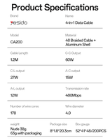 Kabel Data Yesido 1.2 Meter Max 60W Pengisian Cepat 4-in-1 Tipe-C/USB ke Tipe-C/IP Transmisi Data Kecepatan Tinggi CA200