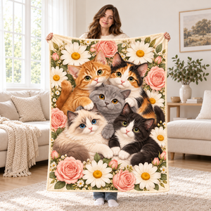 Manta de Franela con Estampado de Gatos y Flores, Suave y Acogedora, Manta Ligera Extra Grande para Siesta, Lavable, para Sofá y Dormitorio - Product Image 1