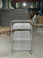 Chariot à trois niveaux en fil métallique chromé avec poignée de poussée, chariot robuste réglable pour entrepôt, magasin, rangement domestique