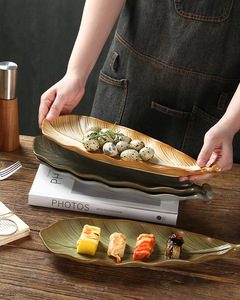 Plats de service en porcelaine, rétro, en forme de feuille, en céramique rustique, longs, pour sushis japonais, grands plateaux de service pour recevoir - Product Image 5