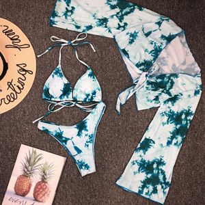 Set Bikini TKS Bandeau Tie Dye Verde con Maniche Lunghe in Rete Leopardata, Costume <span class=keywords><strong>da</strong></span> <span class=keywords><strong>Bagno</strong></span> 3 Pezzi per Donna - Product Image 5