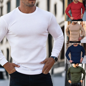 T-shirts décontractés pour hommes, col rond, coupe ajustée, manches longues, couleur unie, non tissé, séchage rapide, polyester/coton, pour le sport, collection automne - Product Image 2