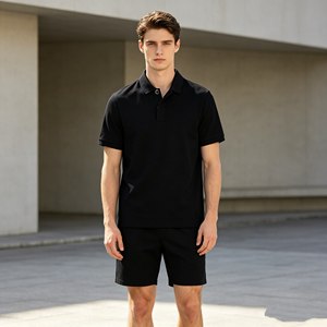 Ensemble polo piqué 300 g/m² pour homme, logo personnalisé, ensemble short décontracté noir pour homme, ensemble vêtements décontractés d'été pour homme - Product Image 2