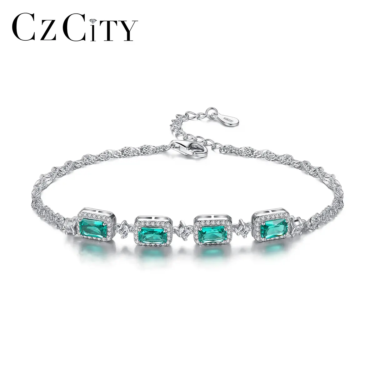 Czcity pulseira prata 925 rodio esmeralda, pedra acessórios bracelete moda casamento