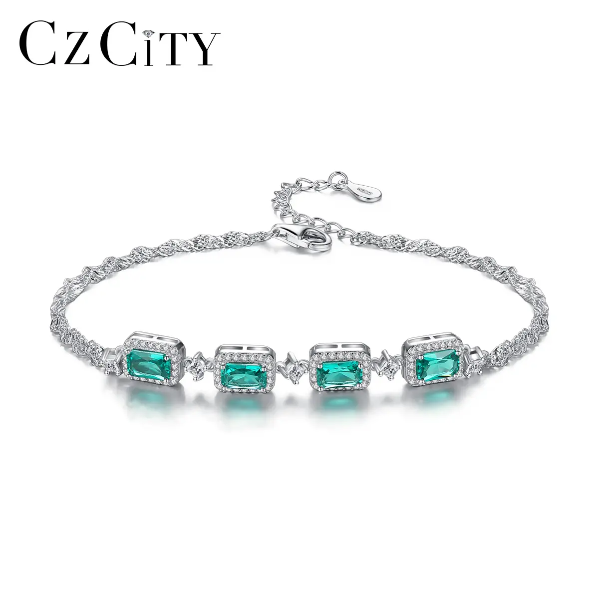 CZCITY Bạc Mới 925 Rhodium Mạ Ngọc Lục Bảo Vòng Tay Đá Phụ Kiện Trang Sức Cưới Thời Trang Vòng Tay Bán Buôn