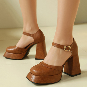 Escarpins à talons épais pour femmes, sandales à découpes avec boucles à la cheville, chaussures de soirée à plateforme épaisse et bout rond - Product Image 1