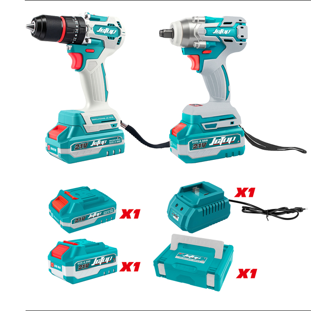 Jctop Hot Selling 2 Pieces Kit 21v Cordless Drill and Electric Wrench Brushless Tool Set