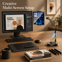 Support de bureau 2-en-1 pour phablet avec bras mécanique et rotation réglable à 360° compatible avec iPad toutes marques et support de téléphone