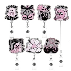 Glitter Halloween Tengkorak Hantu Hitam untuk Lencana Gesper Retraktil Kartu ID/Pass Anak Perempuan Penggeser Gulung 3.2cm Dikemas Secara Individual - Product Image 5