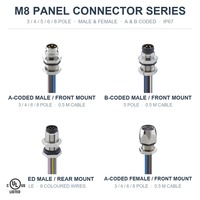 Connecteur de capteur de panneau en aluminium et laiton M8 homologué UL, Code A, Code B, 3-6 broches, mâle/femelle, IP67, prise automobile et aviation, câble de 30 cm
