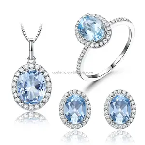 Benutzer definierte 925 Sterling Silber Himmelblau Edelstein Halskette Ring Ohrringe Dreiteilige Frauen Silber Schmuck Zirkon Set Großhandel