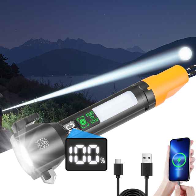 30W Long-Range Rechargeable LED Flashlight with 1000 Lumen Safety Hammer Torch for Outdoor Emergency 1800mAh USB Charging