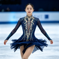 Robe de patinage artistique bleu marine à col montant, manches longues en résille, costume de compétition orné de strass, personnalisable pour enfants, adolescents et adultes, OEM