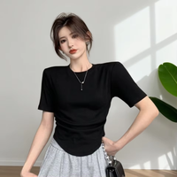 T-shirt tricoté uni respirant à manches courtes et épaulettes pour femme, style décontracté, plissé, décolleté, idéal pour l'été