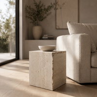 Table d'appoint en travertin beige haut de gamme, table d'appoint en pierre naturelle, table de chevet