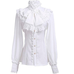 Nouvelle Blouse en Dentelle Froncée <span class=keywords><strong>à</strong></span> Manches Longues pour Femme, Style Lolita, Costume Victorien, Col Montant, Coupe Ajustée, Chemise Boutonnée avec <span class=keywords><strong>Jabot</strong></span> et Nœud - Product Image 2