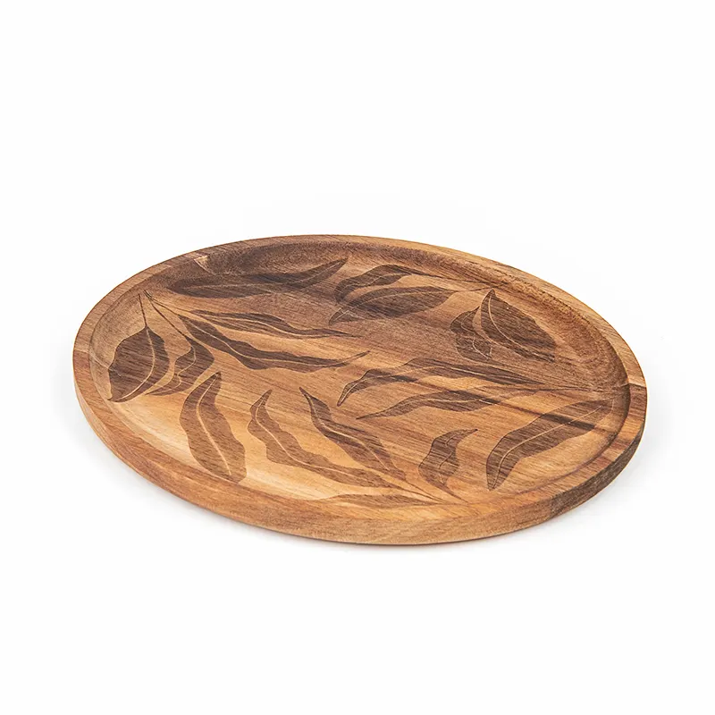 Plateau de service en bois d'acacia rustique de forme ovale personnalisée pour aliments Plateau de service en bois de noix avec laser à feuilles