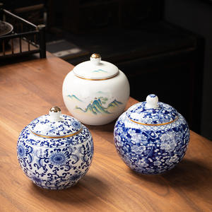 MSH Retro pintado a mano azul y blanco tarro de té de cerámica 1000ml para grano de café/hoja de té suelta - Product Image 6