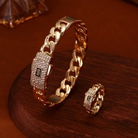 Ensemble de gros plaqué or 18 carats, bracelet et bague en laiton à maillons cubains avec diamants, chaîne à fermoir à ressort, bijoux classiques pour mariage et soirée