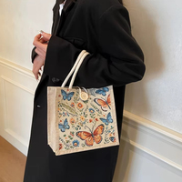 Sac fourre-tout décontracté en jute de style vintage avec motif floral grande capacité avec bouton sac à main réutilisable sac cadeau promotionnel