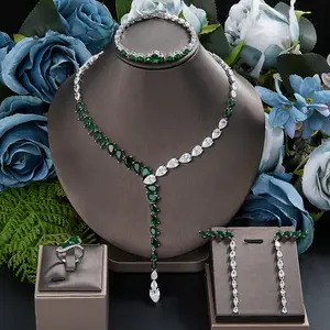 Classic Long Tassel Necklace Luxury 4pcs Costume Jewelry Sets for Women Cubic Zircon Bride Jewelry Set Wedding