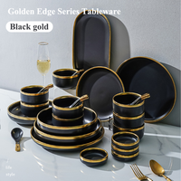 Coffret Cadeau – Vaisselle en Céramique Noire et Or – Luxueux avec Bordure Dorée – Réutilisable pour Fêtes de Famille, Réceptions et Mariages