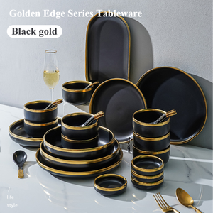 Coffret Cadeau – Vaisselle en Céramique Noire et Or – Luxueux avec Bordure Dorée – Réutilisable pour Fêtes <span class=keywords><strong>de</strong></span> Famille, Réceptions et Mariages - Product Image 1