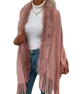 2022 autumn and winter new light luxury fur collar fringed shawl sweater pink coat poncho