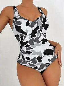 Maillot <span class=keywords><strong>de</strong></span> bain une pièce personnalisé pour femme, style vintage, vert camouflage, avec torsion devant, col halter, effet ventre plat, décolleté en V profond, motif camouflage nuage - Product Image 4