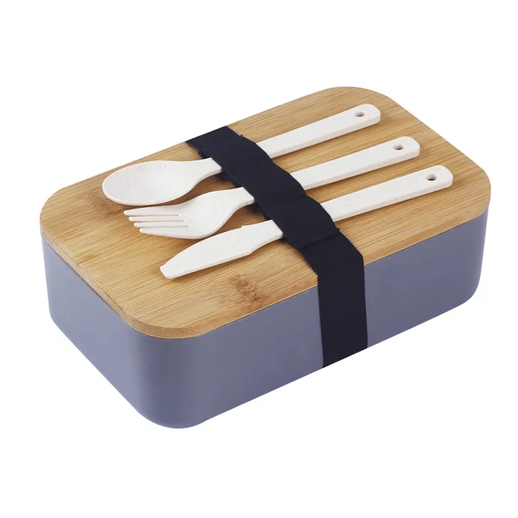 Bento-contenedores de comida biodegradable para bebé, caja de plástico, juego de tapa de madera cuadrada