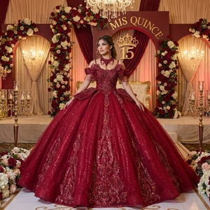 Mc044 Luxury Burgundy Quinceanera <b>Dress</b> Beaded Glitter <b>Ruffle</b> Princess Ball Gown Sweet 15 Birthday Party <b>Dress</b> Jancember - Product Image 1