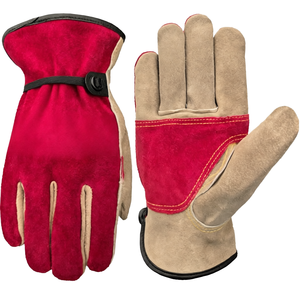 Gants de travail de jardin en cuir rouge et marron avec manchette ajustable résistants à l'abrasion - Product Image 1
