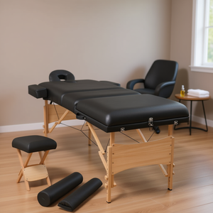 Table de massage pliante noire avec tabouret, éponge haute densité de 3,9 pouces d'épaisseur, cadre en bois, appui-tête intégré, design minimaliste, salon - Product Image 2
