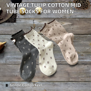 Chaussettes mi-mollet pour femmes, style vintage automne, motif tulipe, coton biologique, rayées, respirantes, tricotées - Product Image 2