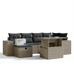 ชุดโซฟาหวายสีเทาสำหรับสวน เฟอร์นิเจอร์กลางแจ้งพร้อมเบาะโฟมความหนาแน่นสูง กันน้ำ ดีไซน์ร่วมสมัย - Product Image 1