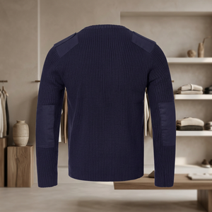 Pull en tricot bleu foncé DF à manches longues avec épaules et coudes patchés, vêtement décontracté durable pour toutes les saisons - Product Image 3