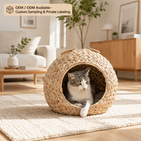 Nid pour animaux de compagnie en jacinthe d'eau tressée à la main, écologique, avec coussin, lit-caverne pour chat, portable, rond, pour intérieur