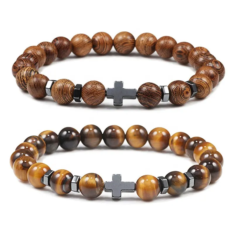 SN1996 Natural Stone Beaded 8mm Tiger eye Lava Black Onyx Prayer Bracelet Men Hematite Cross Charms Bracelet Gift